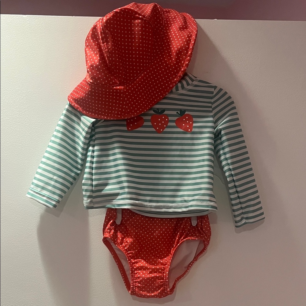 Baby Girl Strawberry Longsleeve Swimsuit Two Piece with Matching Hat